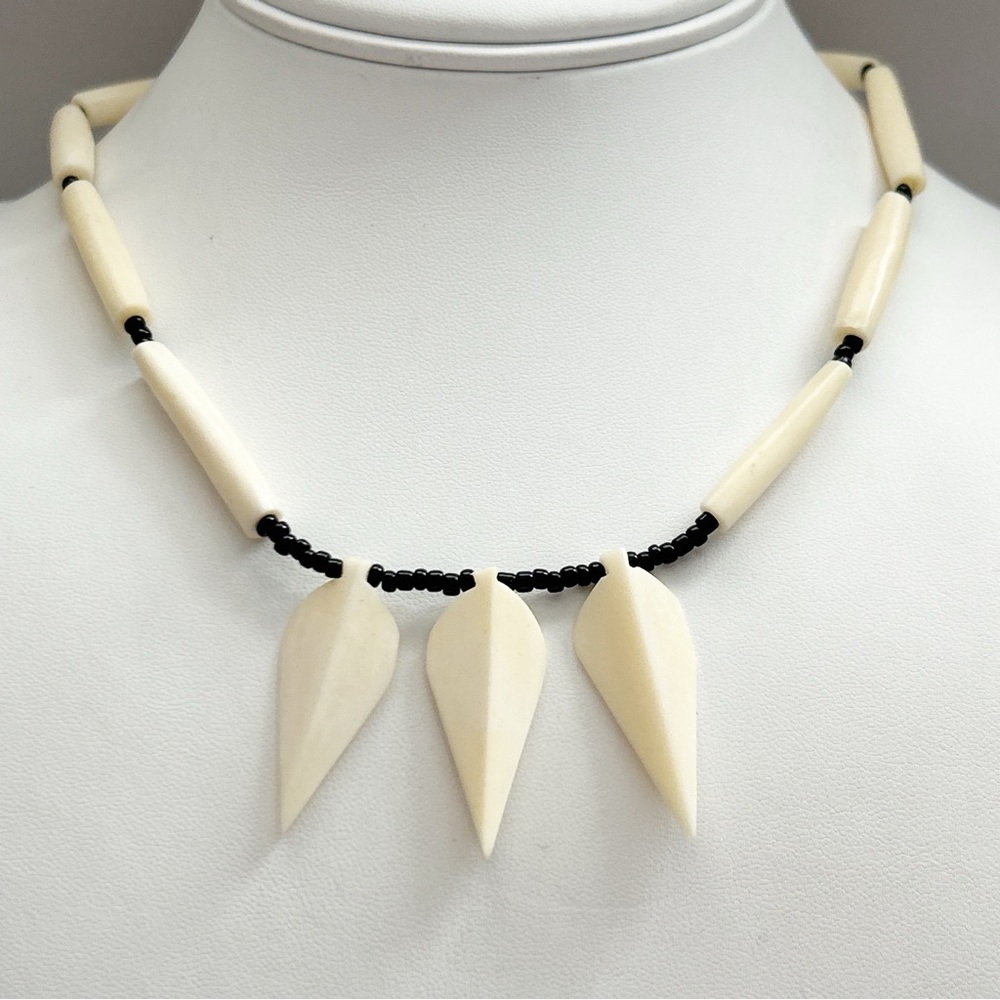 Vintage Native Carved Bone Glass Bead Necklace
